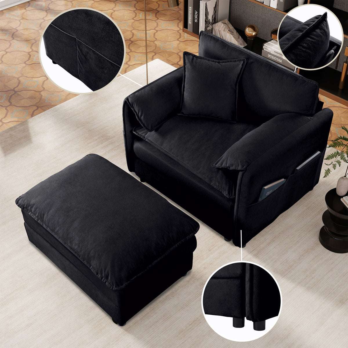 Oversized Chair & Ottoman with Soft Upholstery - Blue or Black