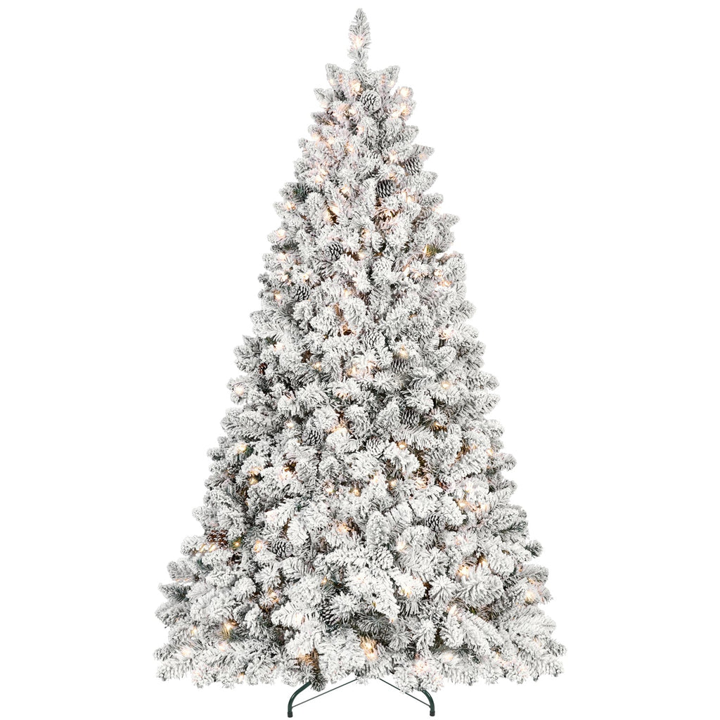 9FT Flocked Christmas Tree with 850 UL Lights and Real Pine Cones