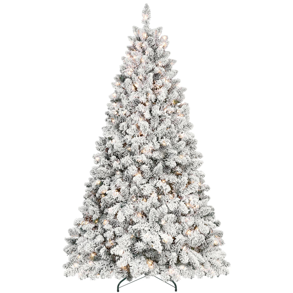 9FT Flocked Christmas Tree with 850 UL Lights and Real Pine Cones