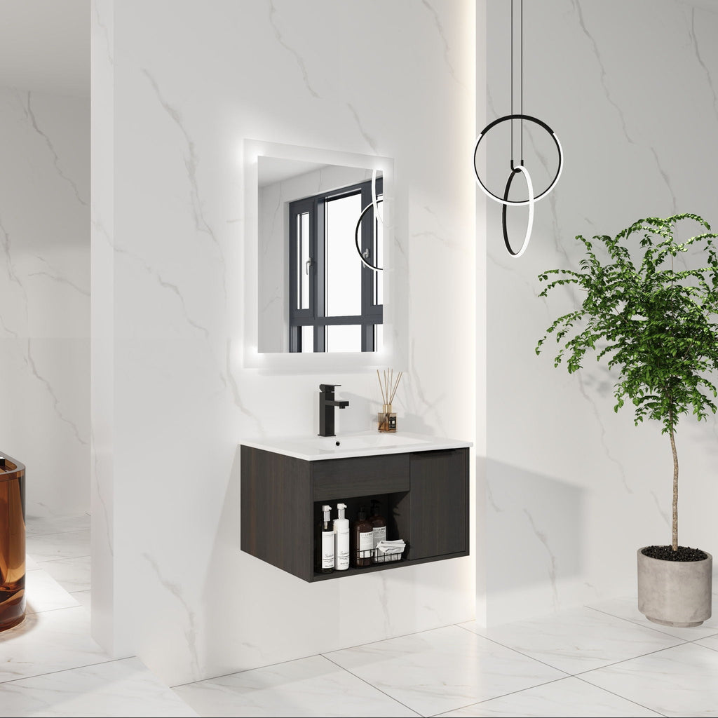 Wall Mounted Floating Bathroom Vanity with Open Shelf & Soft Close Door - Dark Brown
