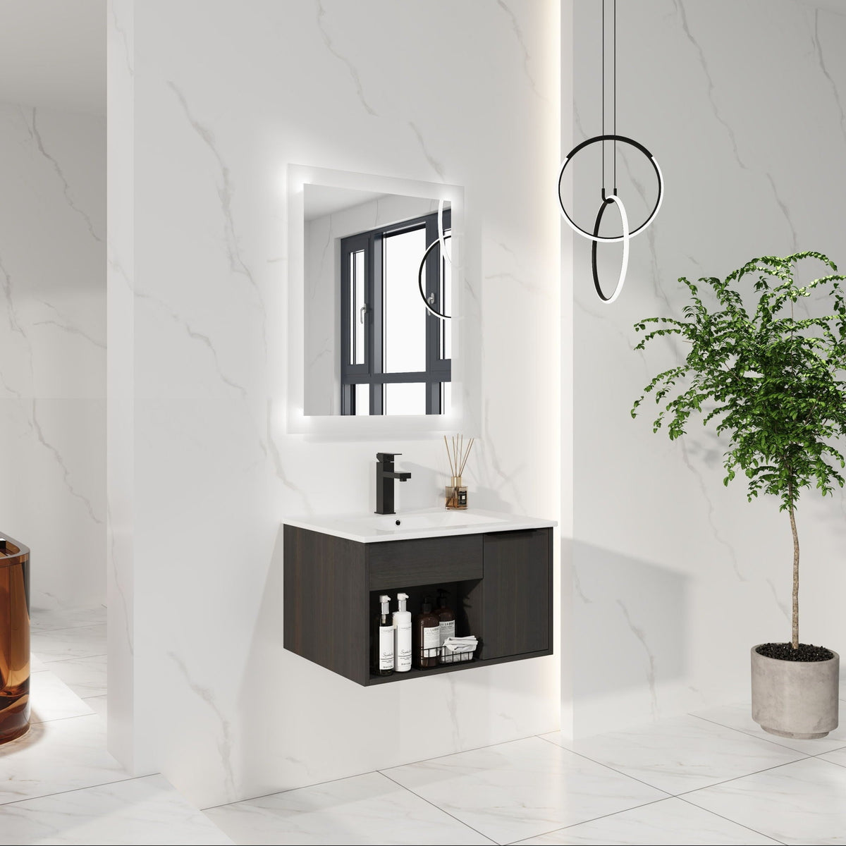 Wall Mounted Floating Bathroom Vanity with Open Shelf & Soft Close Door - Dark Brown