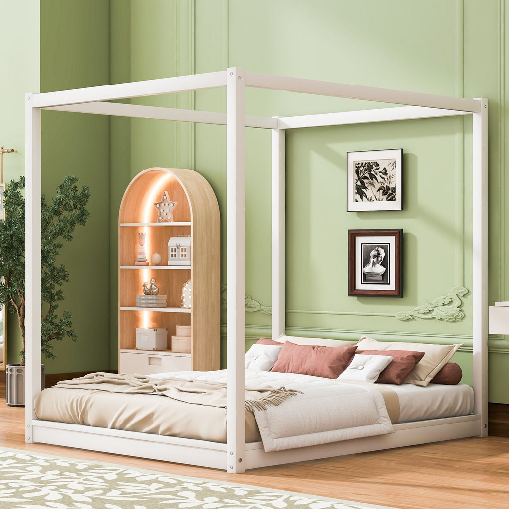 Wood Canopy Platform Bed with Airflow Slats and Support Legs - White or Light Brown