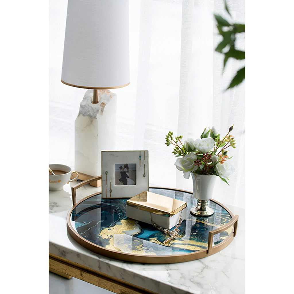 Round Accent Mirrored Tray with Handles - Blue & Gold