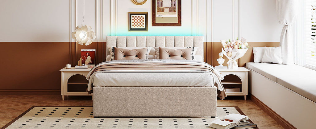 Upholstered Platform Bed With Trundle and LED Lights - Full or Queen