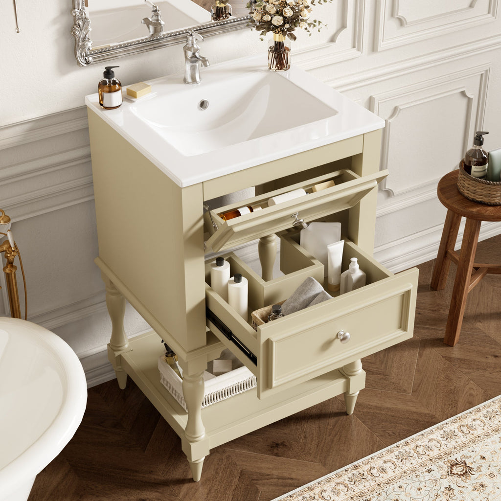 20" Bathroom Vanity with Ceramic Sink and Storage Cabinet – Beige, Black, White