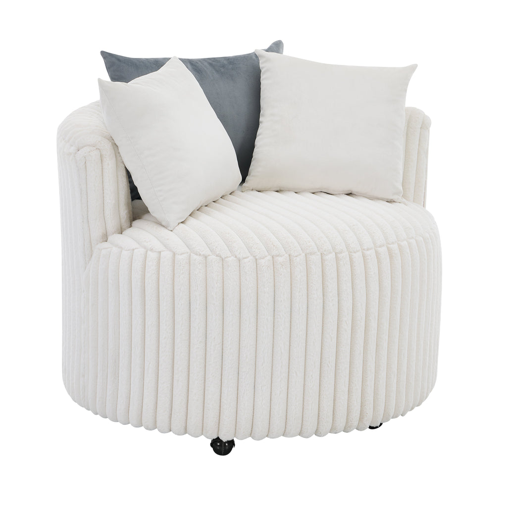 Malna Plush Wide Wale Corduroy Upholstered Barrel Accent Chair with Wheels - Off-White