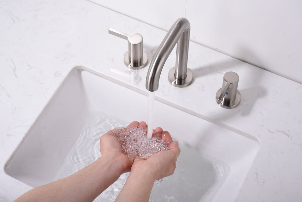 Brushed Nickel Bathroom Faucet with Two Handles & Pop Up Drain - Supply Lines Included