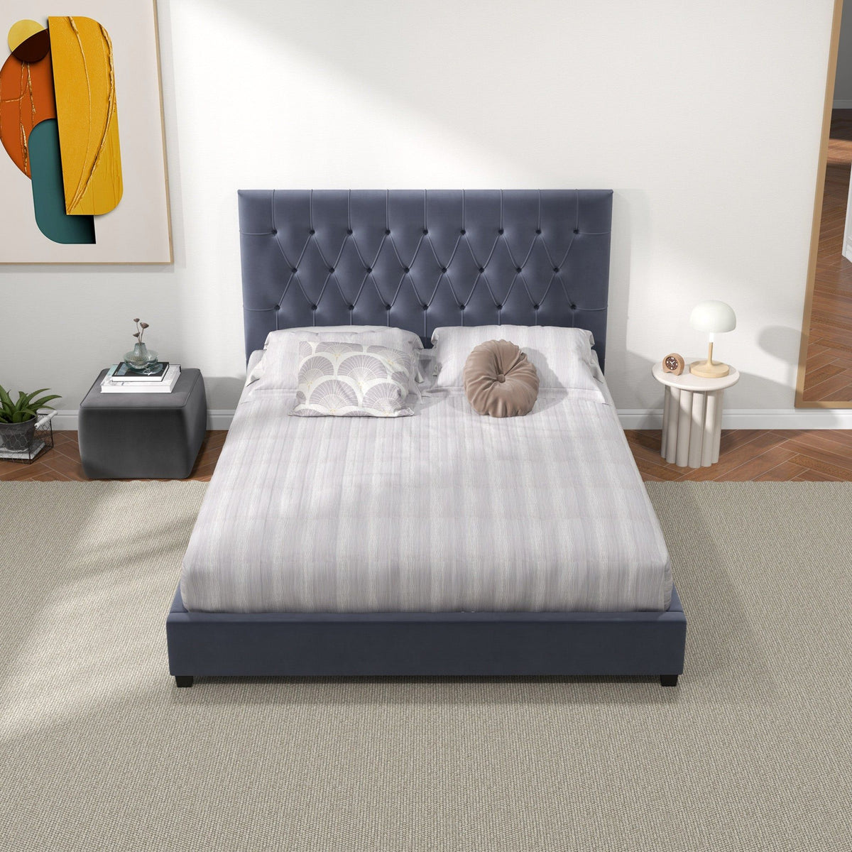 Dark Gray Mid-Century Modern Upholstered Platform Bed with Foam Headboard