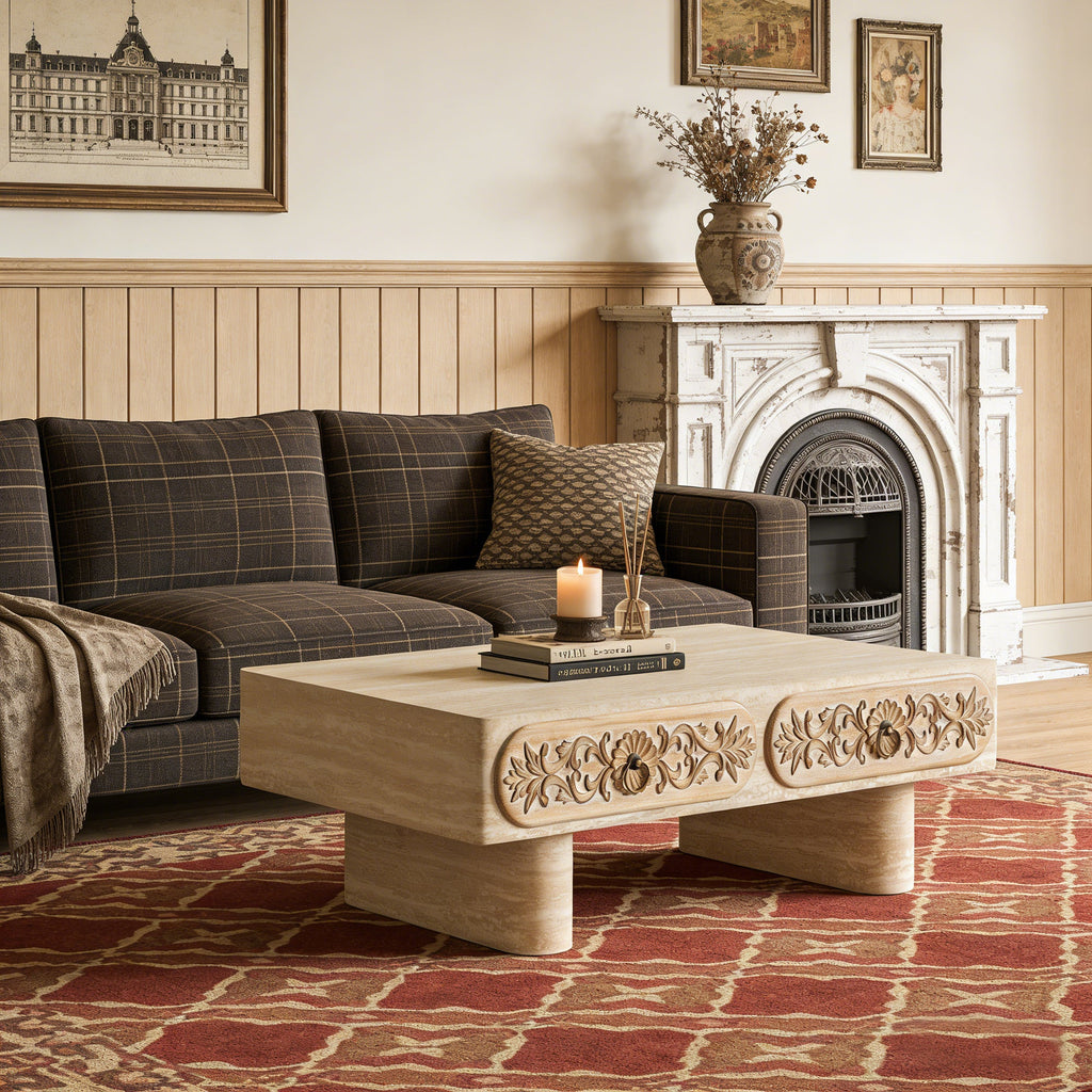 Rounded Edge Coffee Table with Solid Wood Drawer - Flower Pattern