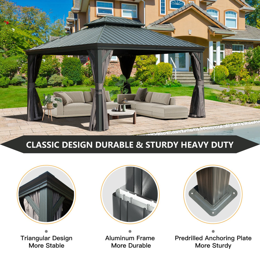 10' x 12' Hardtop Gazebo with Double Roof Canopy and Aluminum Frame - Grey