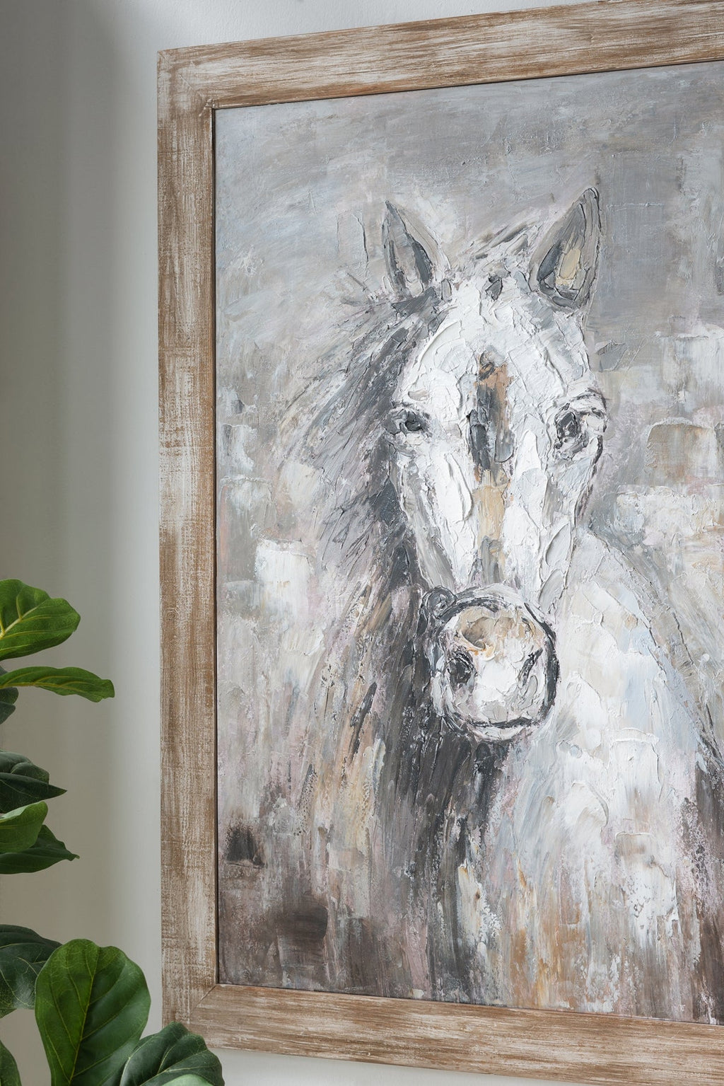 Hand-Painted White Horse Wall Art with Rustic Fir Frame - Multicolor