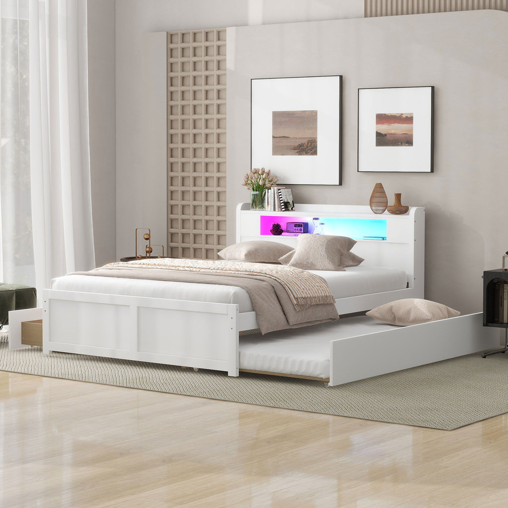 Storage Platform Bed with LED Lights, 2 Drawers and Trundle - Queen