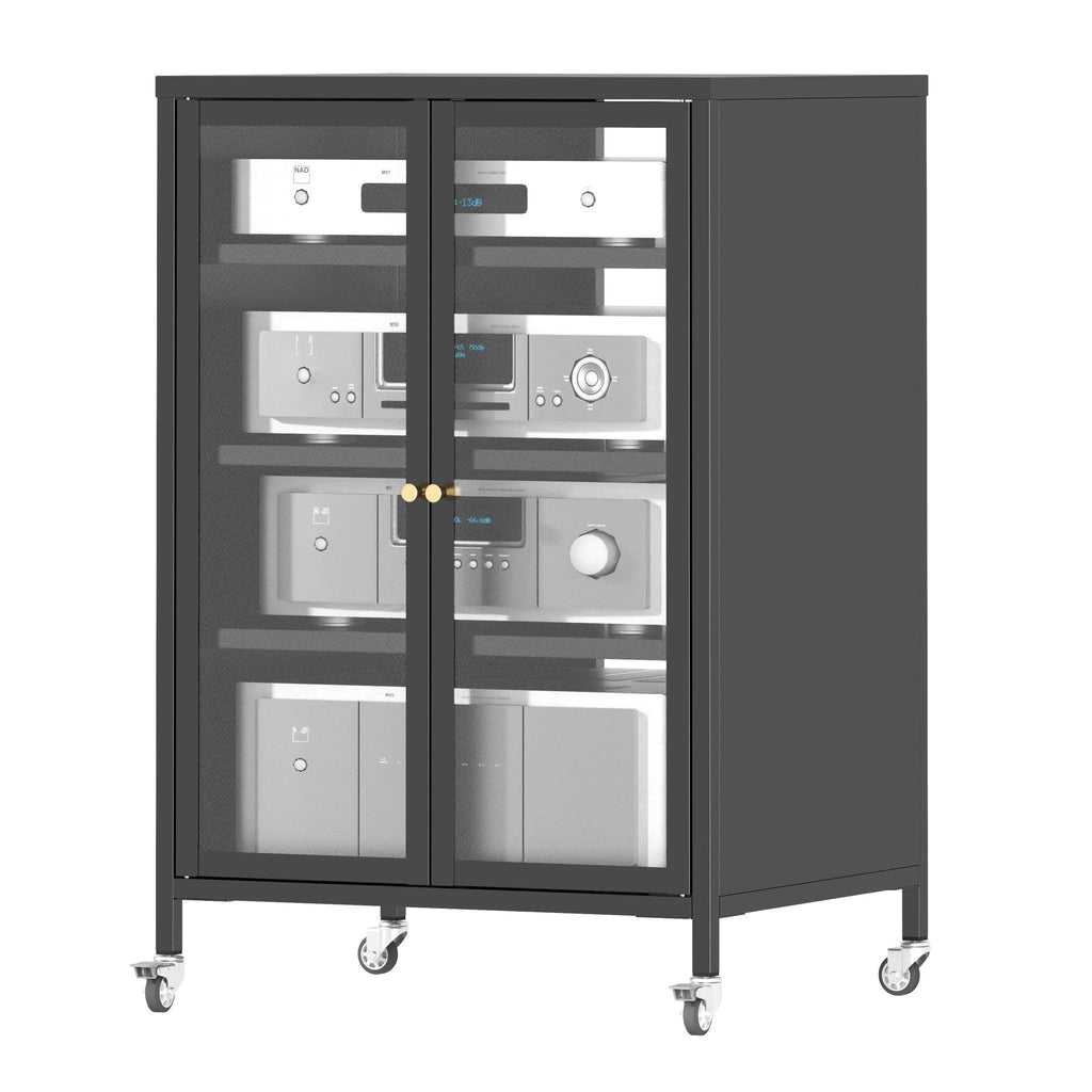 Media Storage Cabinet with Wheels and Adjustable Glass Shelves - Black