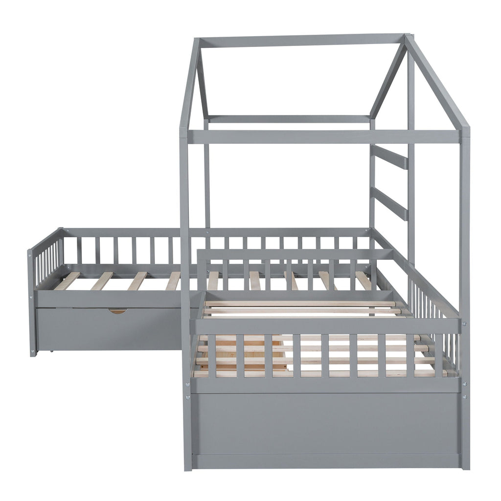 L Shape Twin Platform Bed with 3 Storage Drawers - Dark Gray or White