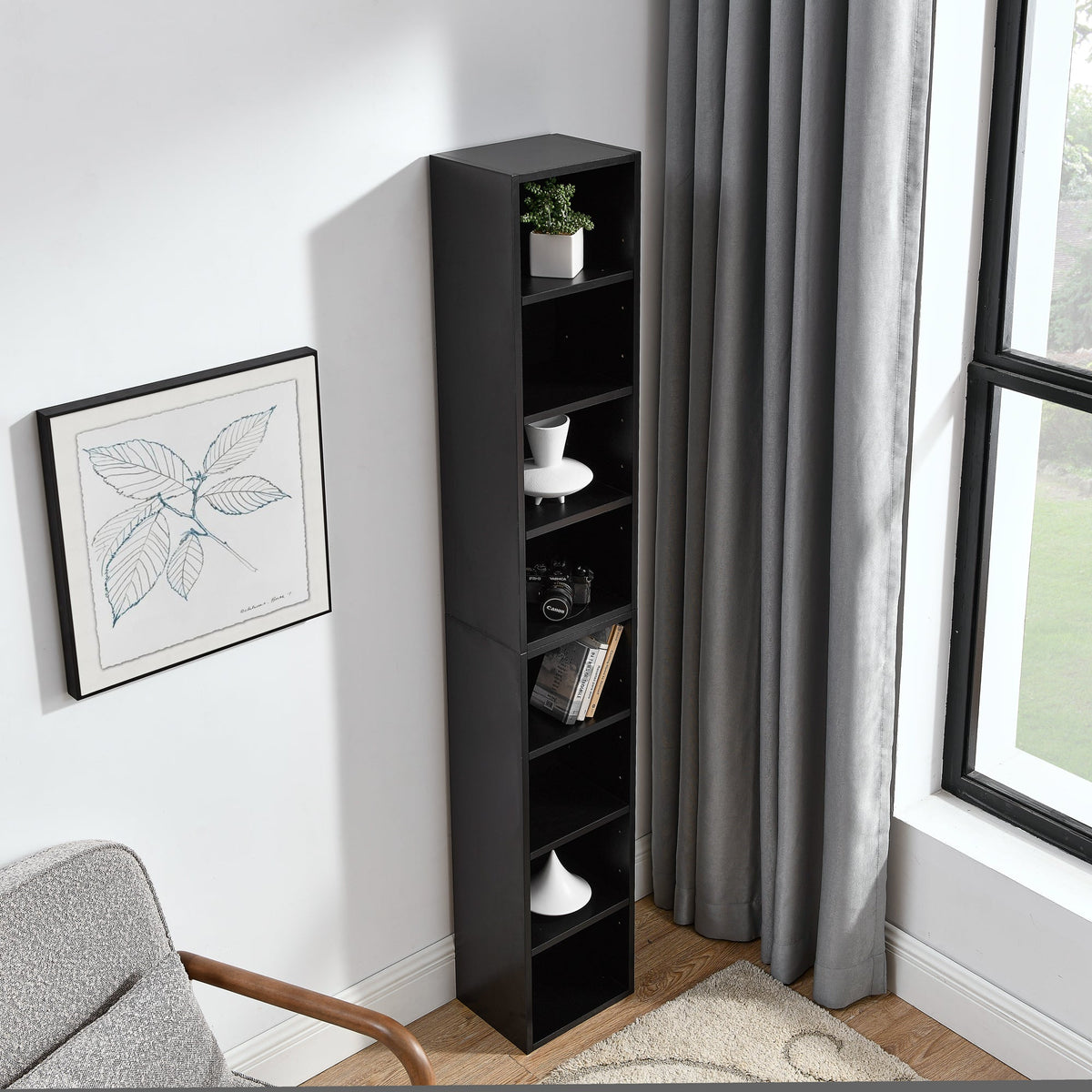 8-Tier Media Tower Rack with Adjustable Shelves - Black or Walnut