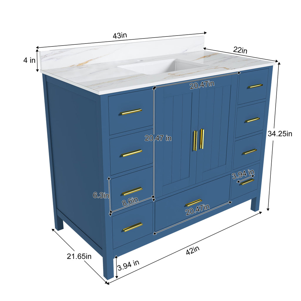 42" Modern Solid Wood Bathroom Vanity with Carrara Sink - Blue or White