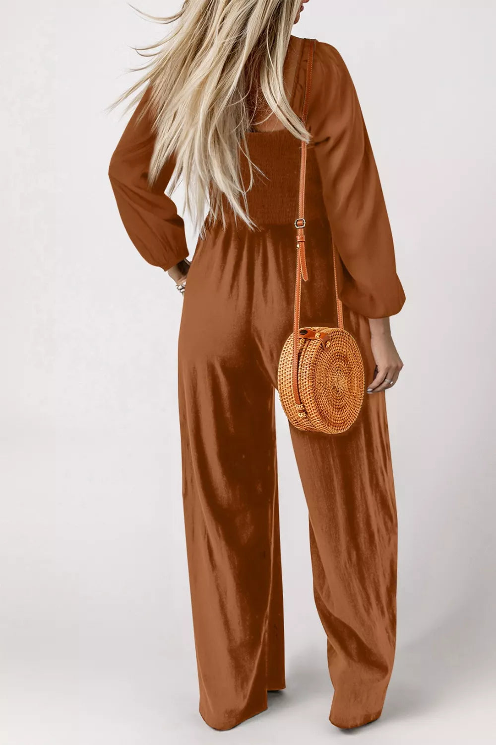 Boho Smocked Square Neck Wide Leg Jumpsuit