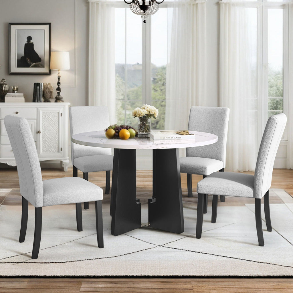 5 Piece Round Dining Table Set with Upholstered Chairs - Black or White