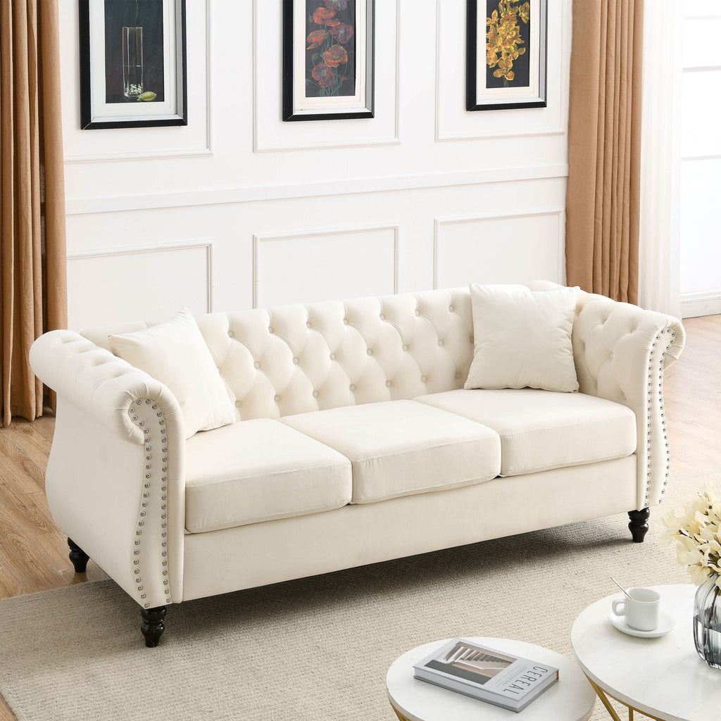 Chesterfield Sofa with Rolled Arms and Nailhead Trim – Solid Wood Frame