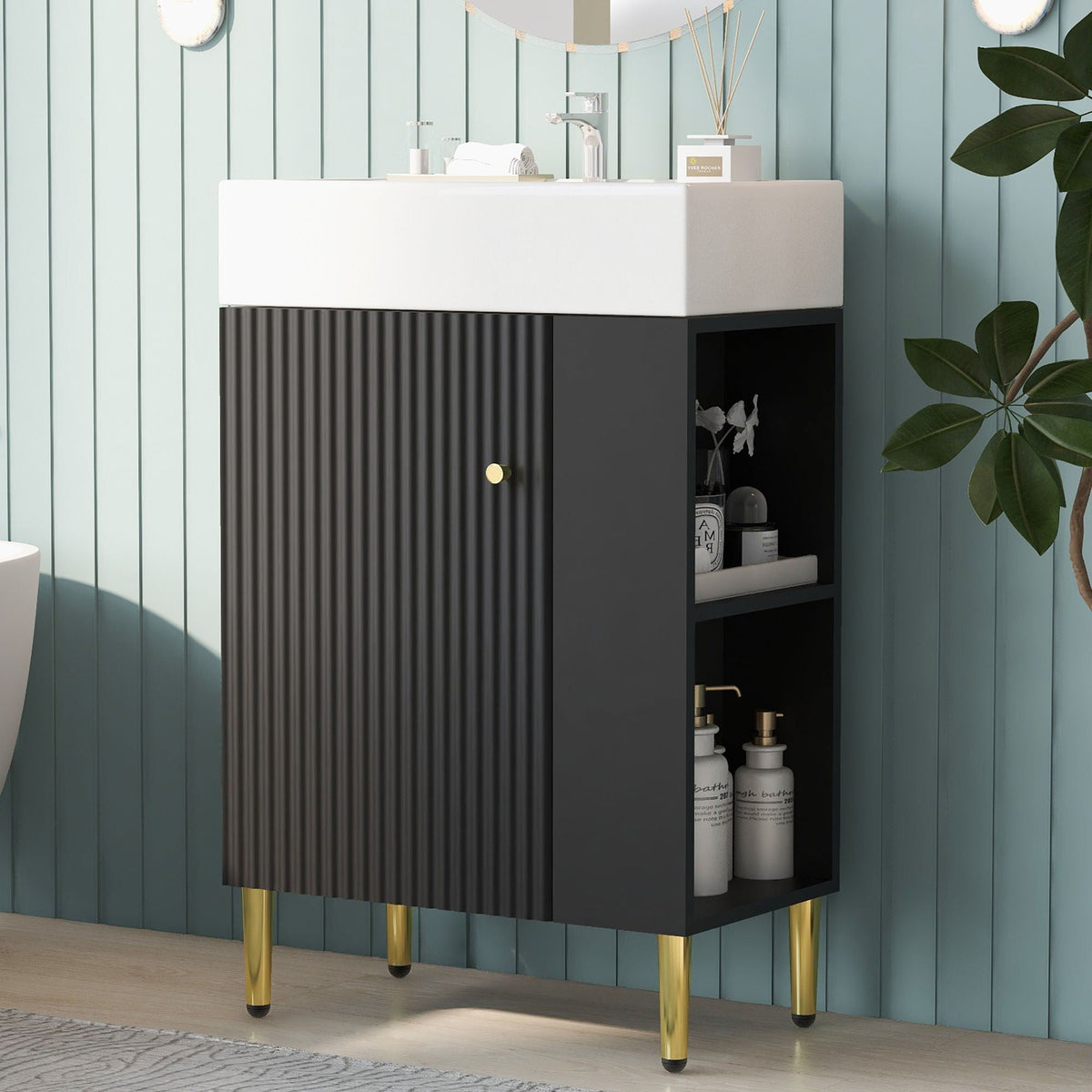 Bathroom Vanity with Single Ceramic Sink and Side Storage - Multiple Colors