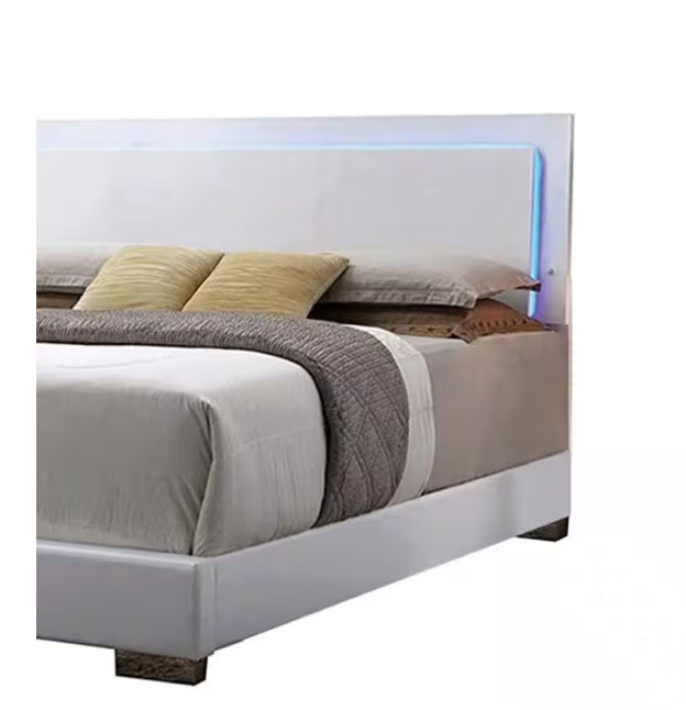 White Faux Leather Panel Bed with LED Light - White