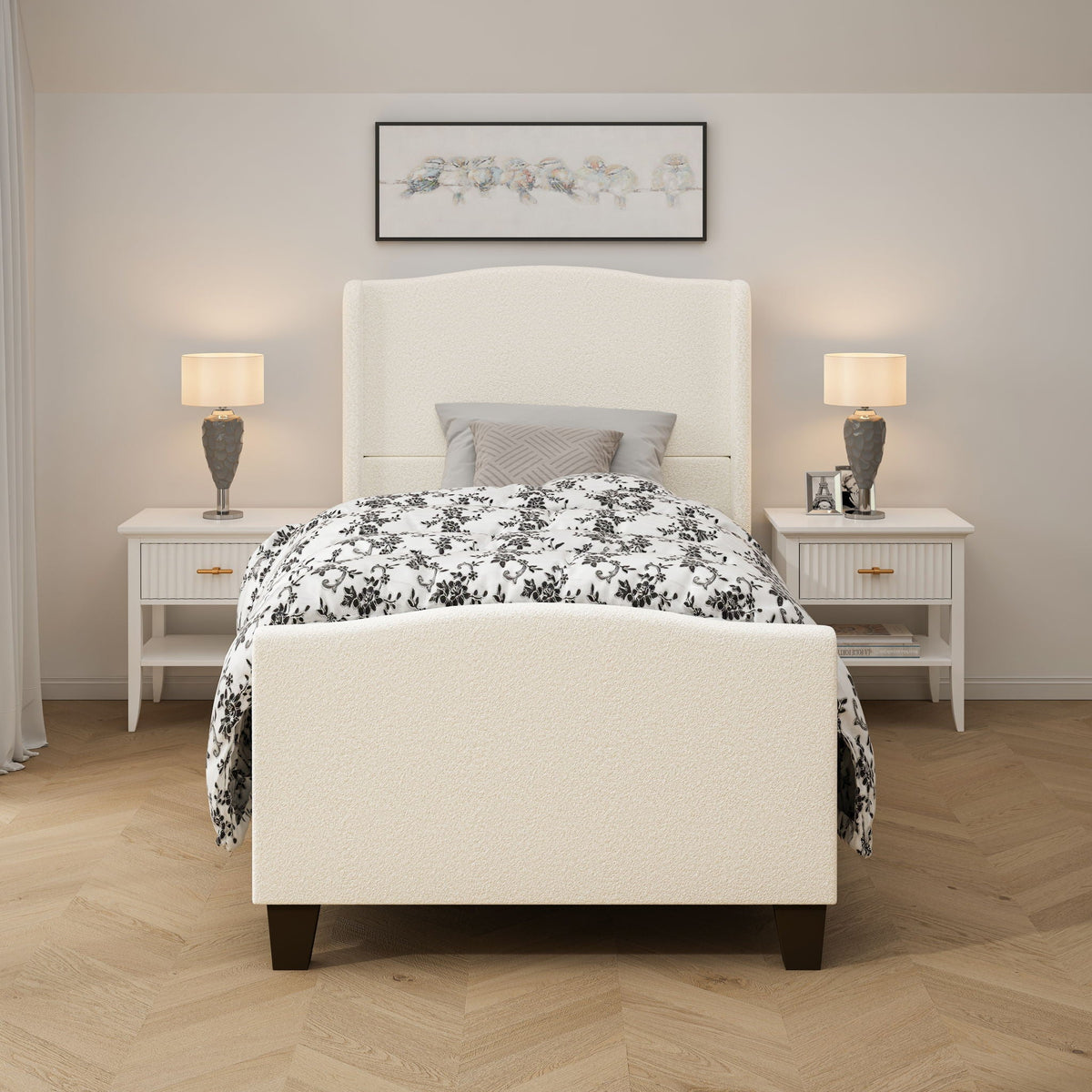 Platform Bed Frame with Tall Headboard and High Footboard - White or Gray