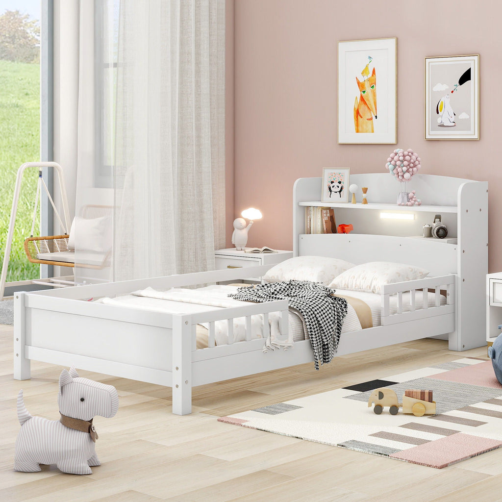 Wood Platform Storage Bed with LED Light & Storage Headboard - White or Dark Gray