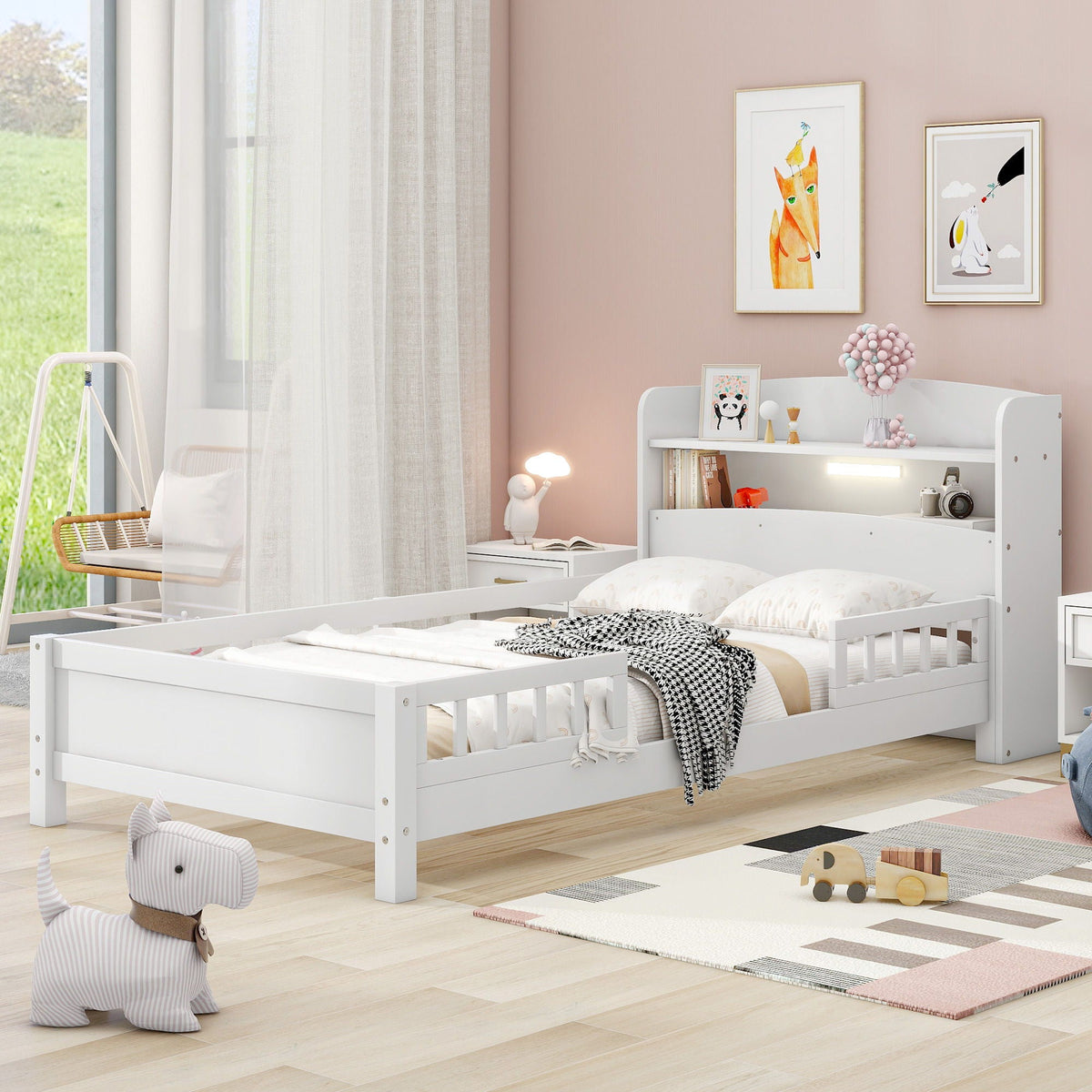 Wood Platform Storage Bed with LED Light & Storage Headboard - White or Dark Gray