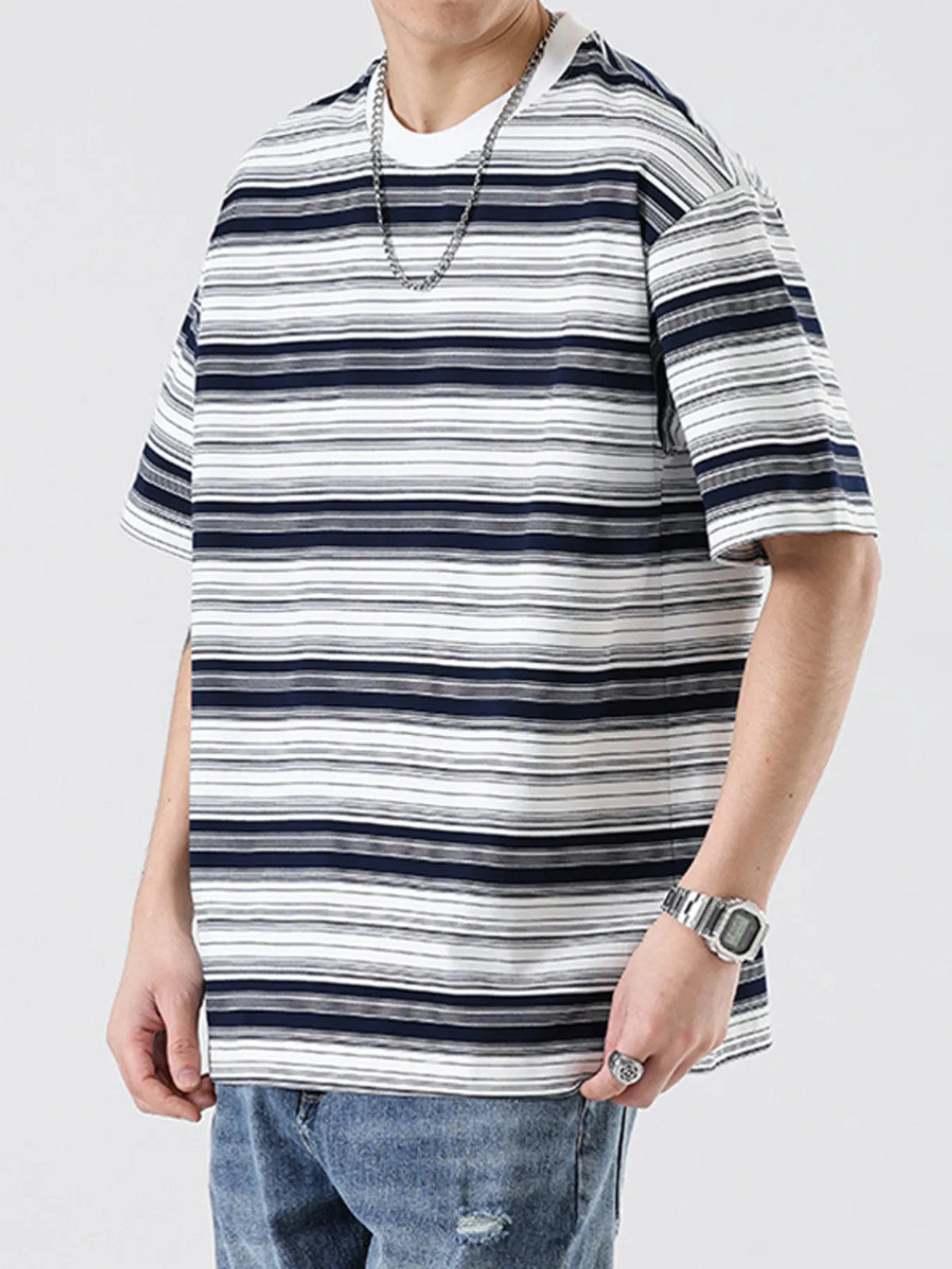 Men's Plus Size Relaxed Fit Striped Crew Neck T-Shirt