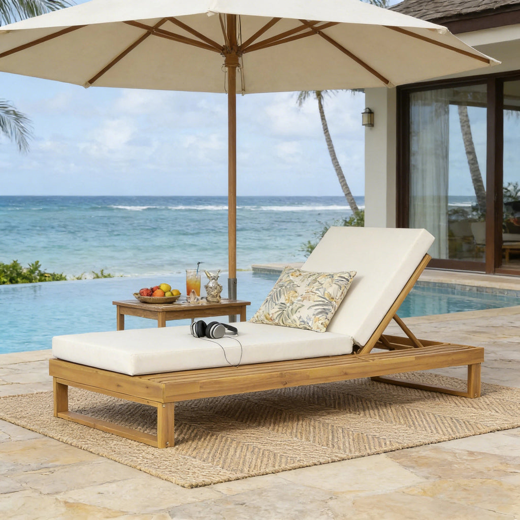 Teak Finish Acacia Wood Chaise Lounge with 4-Inch Cushion - Cream