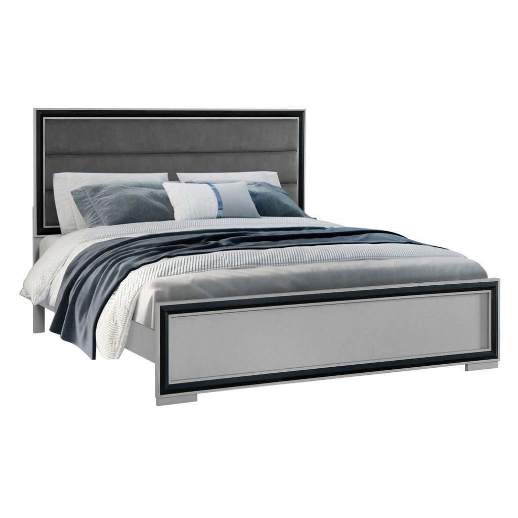 Gray Platform Bed with LED Headboard - Solid Wood