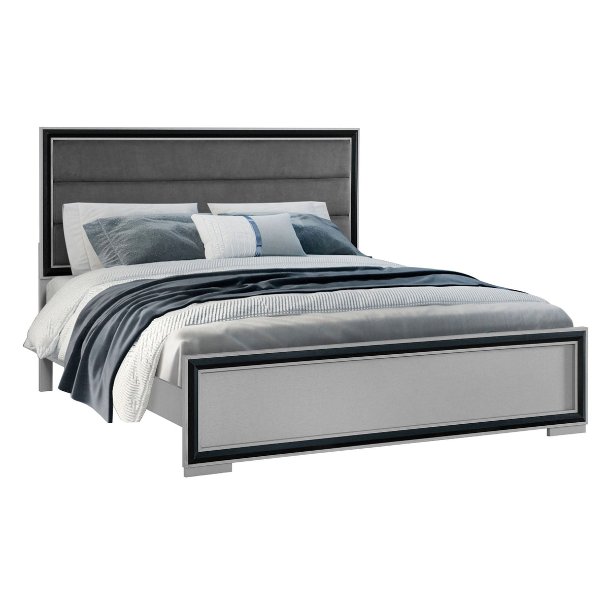 Gray Platform Bed with LED Headboard - Solid Wood