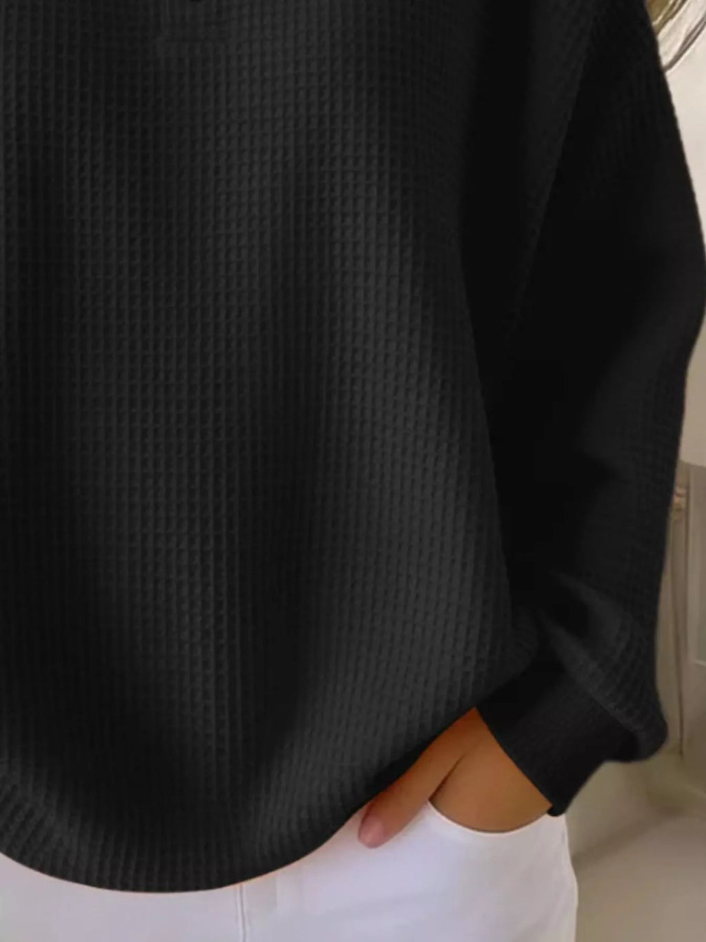 Full Size Casual Waffle Knit Button Detail Pullover Plus Size