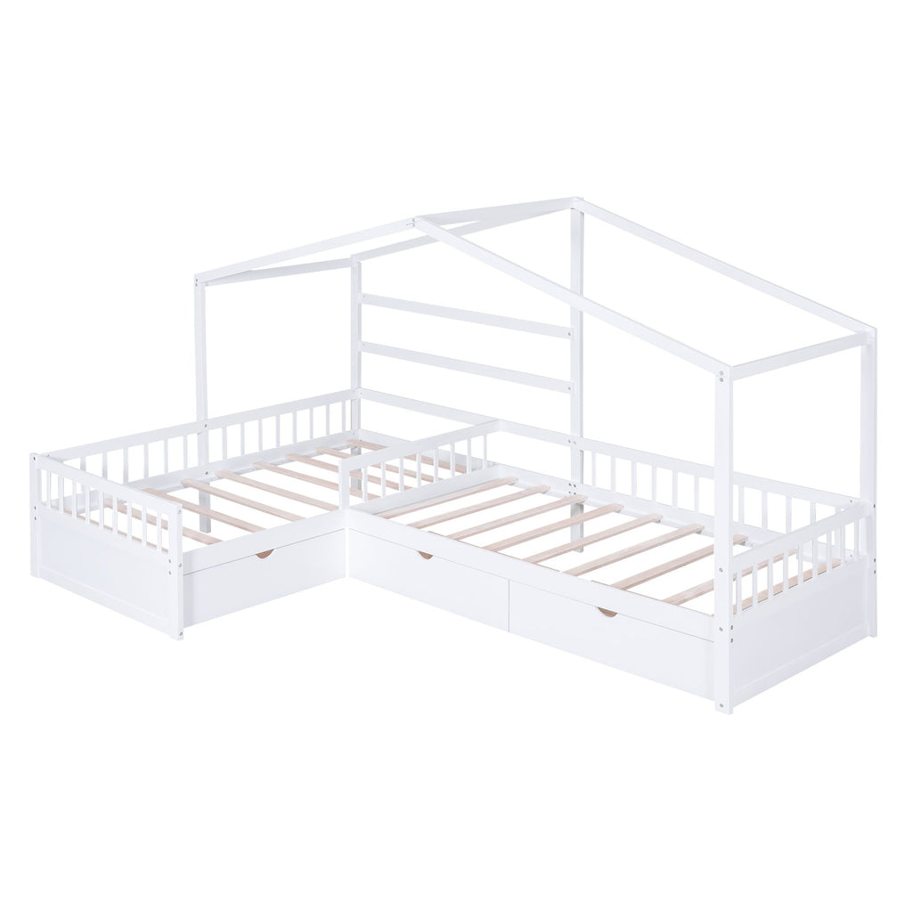 L Shape Twin Platform Bed with 3 Storage Drawers - Dark Gray or White