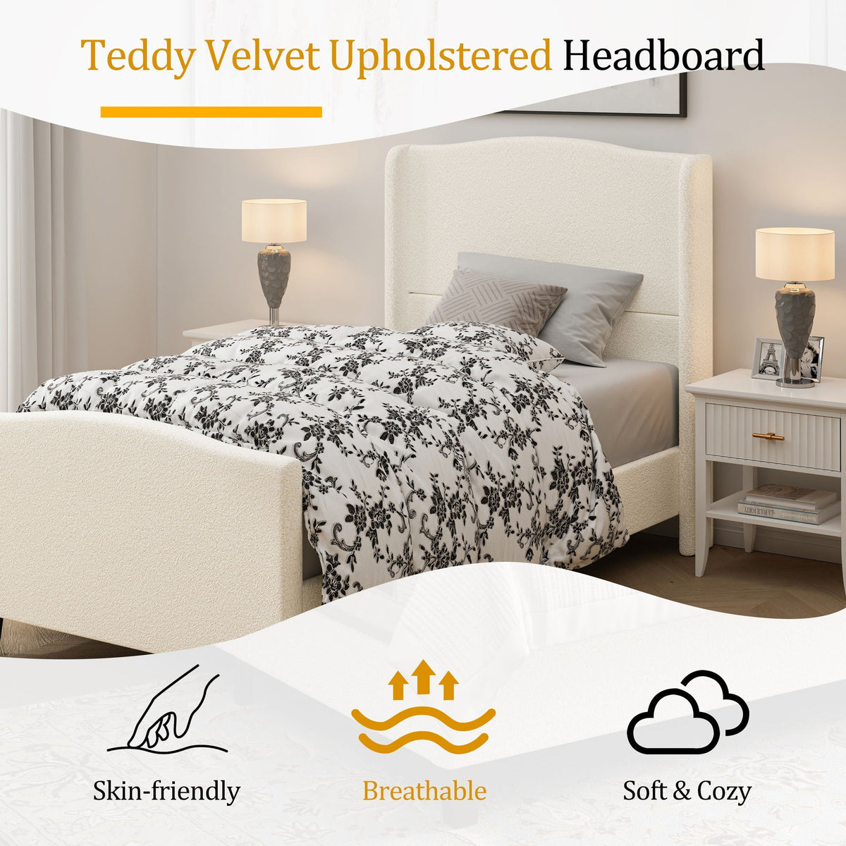 Platform Bed Frame with Tall Headboard and High Footboard - White or Gray