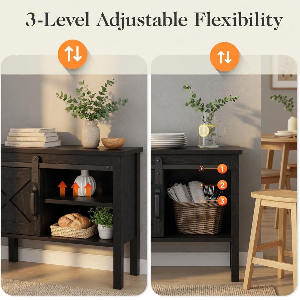 Farmhouse Entryway Table with Sliding Barn Door - Gray, Dark Gray, White, Black