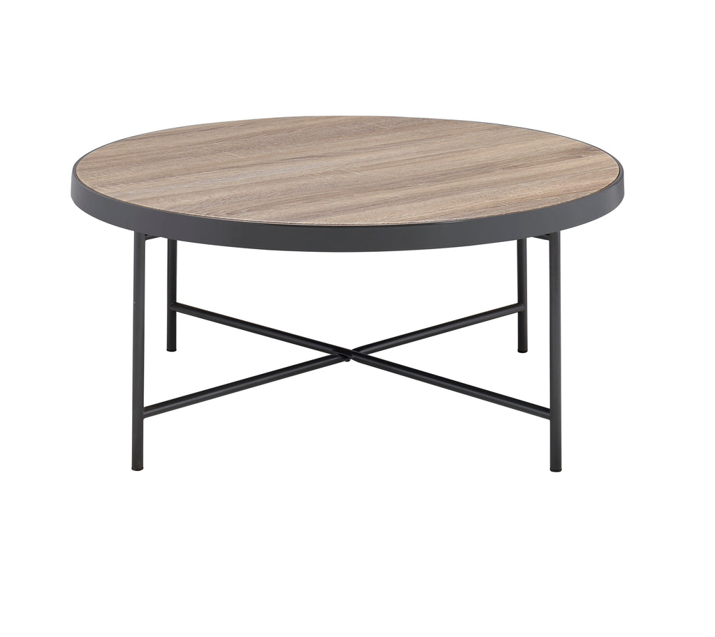 Weathered Round Coffee Table with Metal Trim - Oak