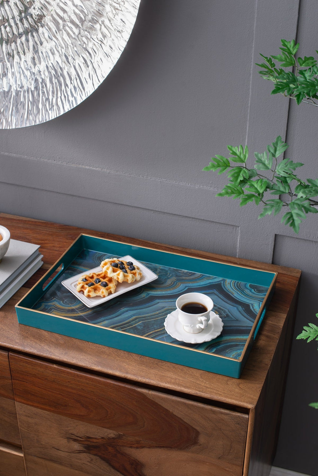 Set of 2 Effra Rectangular Trays with Marble-Inspired Finish - Blue or Black