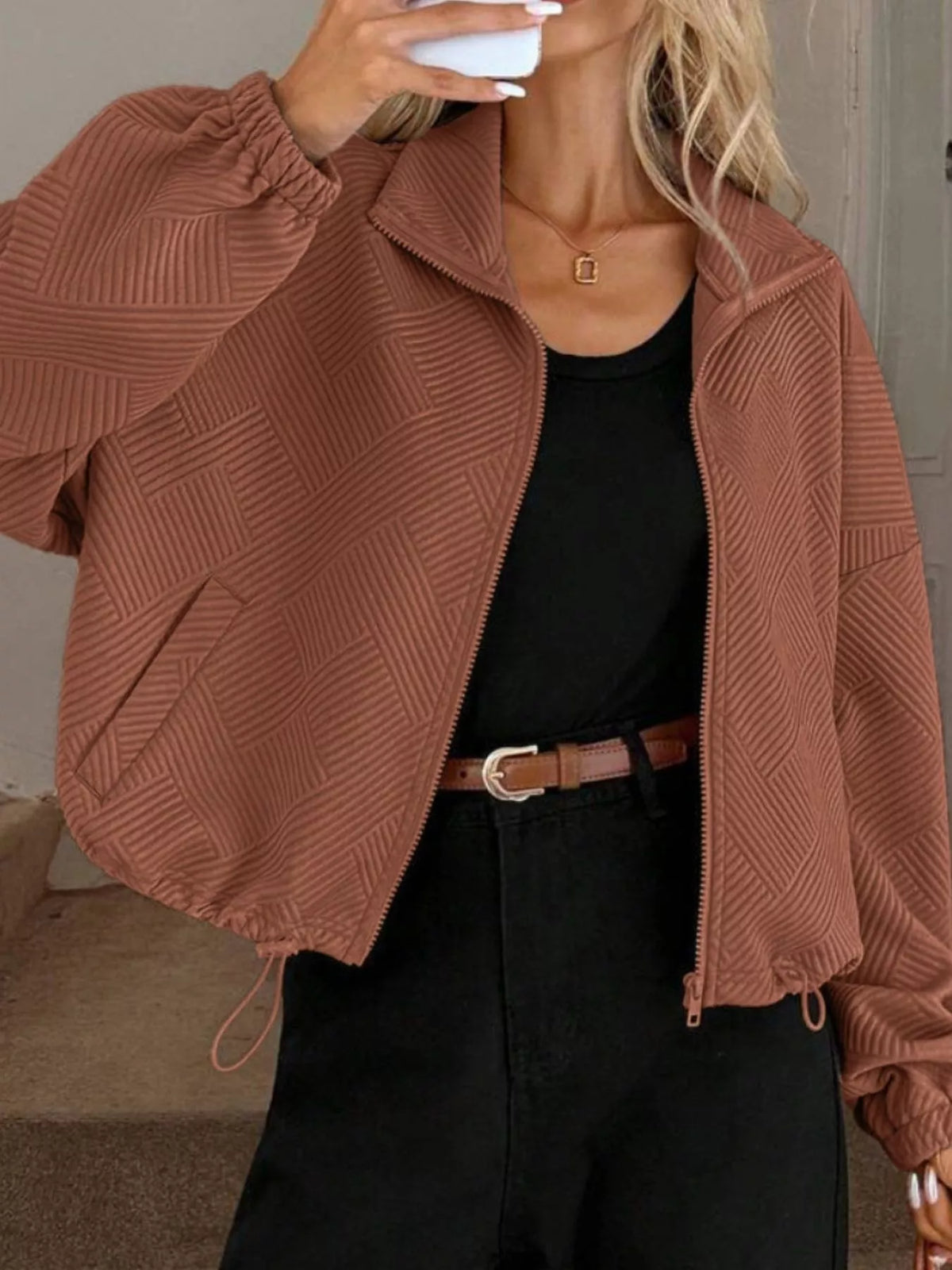 Textured Zip-Up Drawstring Hem Jacket