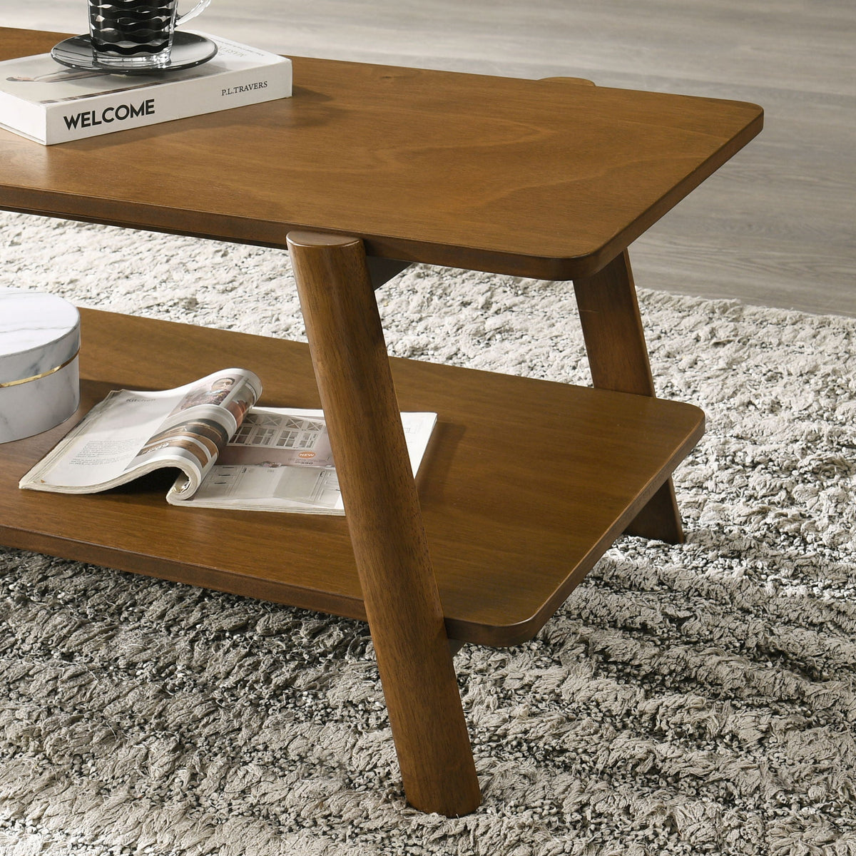 Mid-Century Modern Wood Shelf 3 Piece Coffee Table Set with Storage Shelf - Walnut