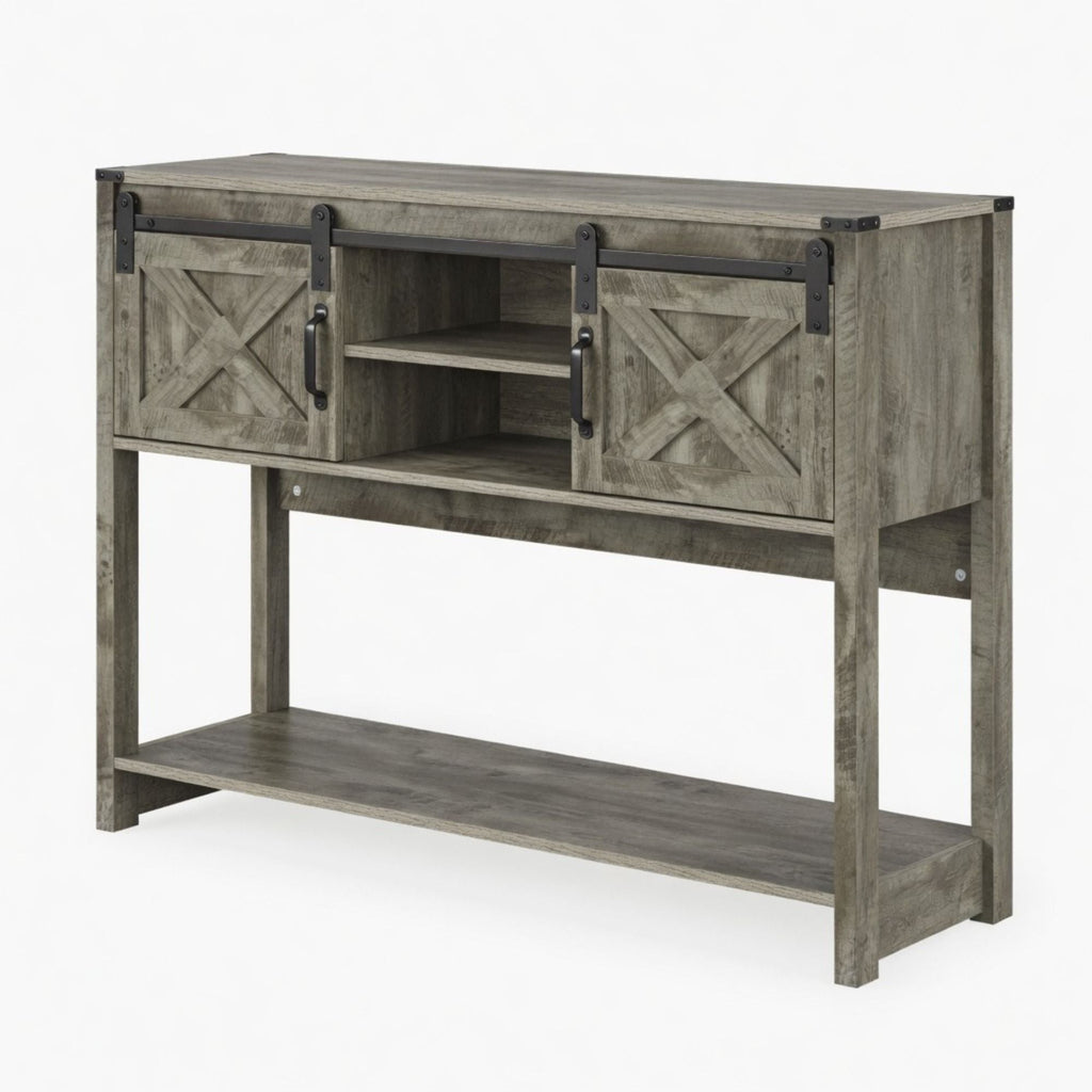 Farmhouse Entryway Table with Sliding Barn Door - Gray, Dark Gray, White, Black