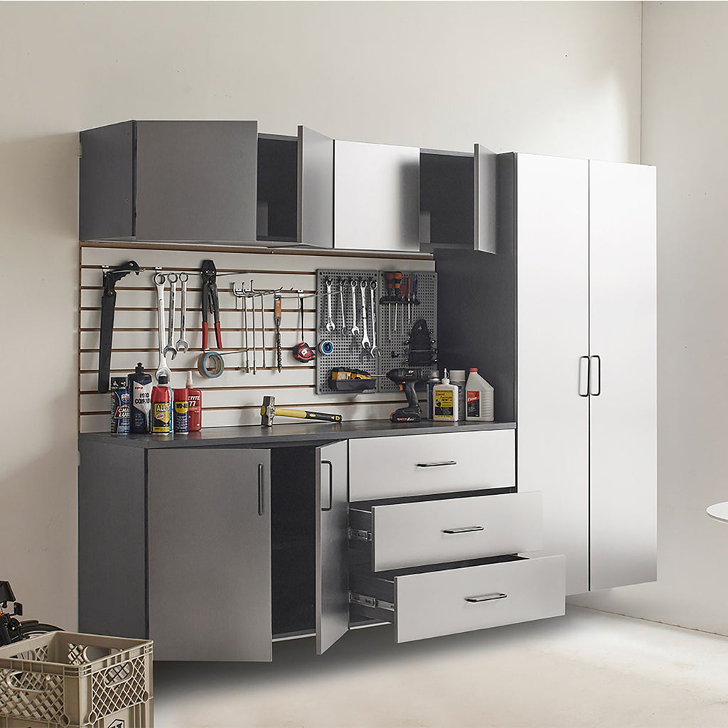 Metallic Gray Garage Cabinet Set with Soft Closing Drawers