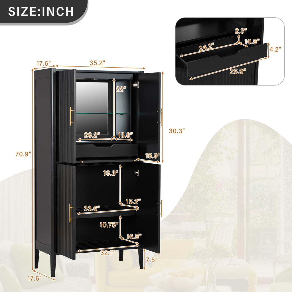 U_STYLE Modern Fluted Wine Cabinet with Glass Display