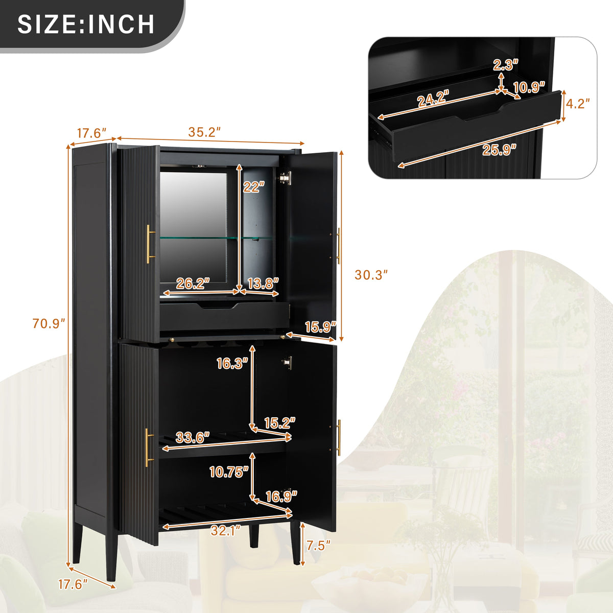 U_STYLE Modern Fluted Wine Cabinet with Glass Display