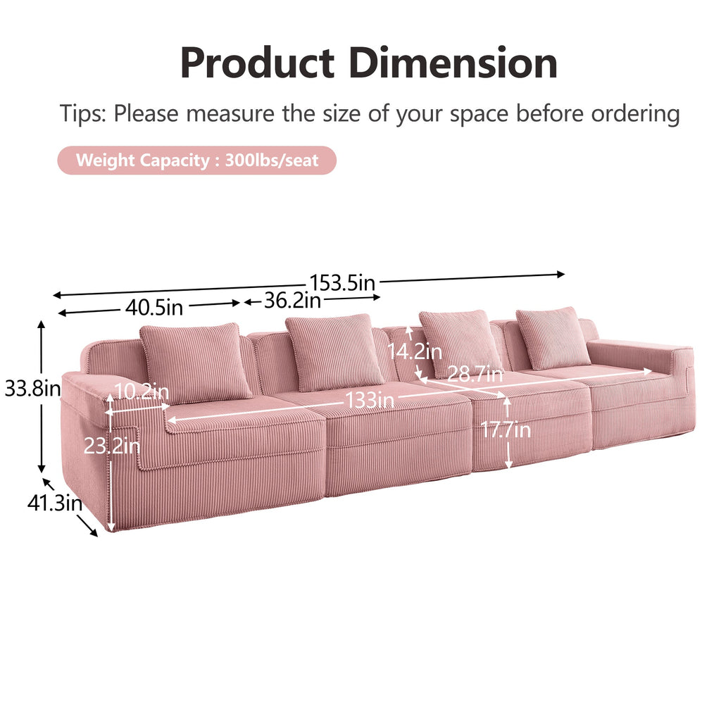 Modular 4 Seat Boneless Sofa with Cloud-Like Comfort - Corduroy