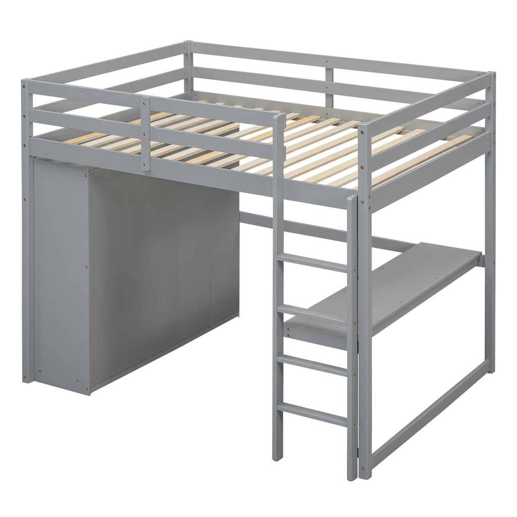 Full Size Loft Bed with Built-In Wardrobe, Shelves, and Drawers - White or Dark Gray