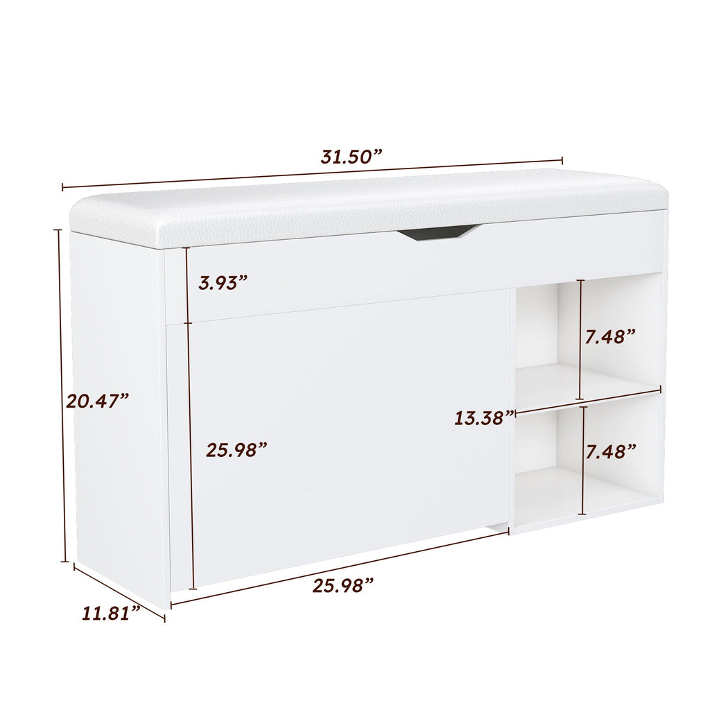 Modern White Entryway Bench with Adjustable 3-Tier Flip-Up Drawers and Hidden Cabinet