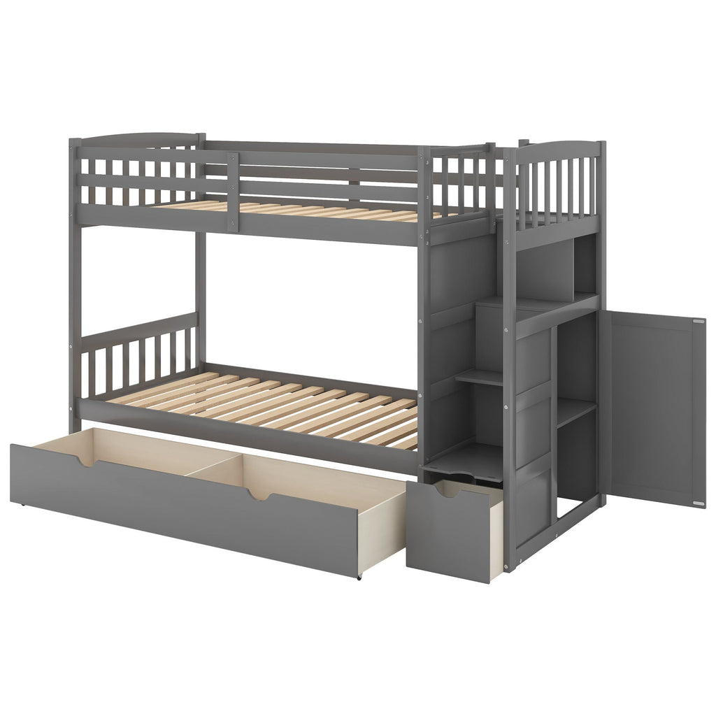 Convertible Twin Over Full Bunk Bed with Storage Shelves and Drawers - White or Dark Gray