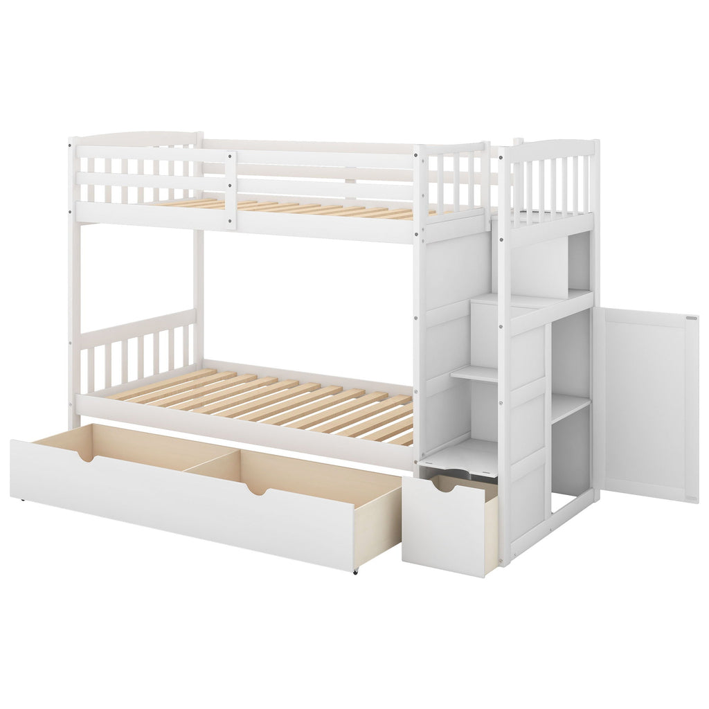 Convertible Twin Over Full Bunk Bed with Storage Shelves and Drawers - White or Dark Gray