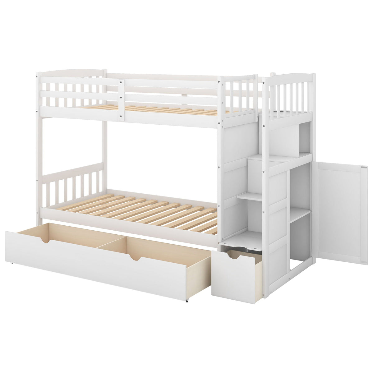 Convertible Twin Over Full Bunk Bed with Storage Shelves and Drawers - White or Dark Gray